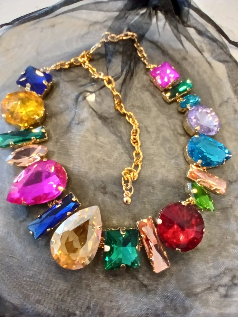 Multicolor Crystal Statement Necklace - Gold Chain